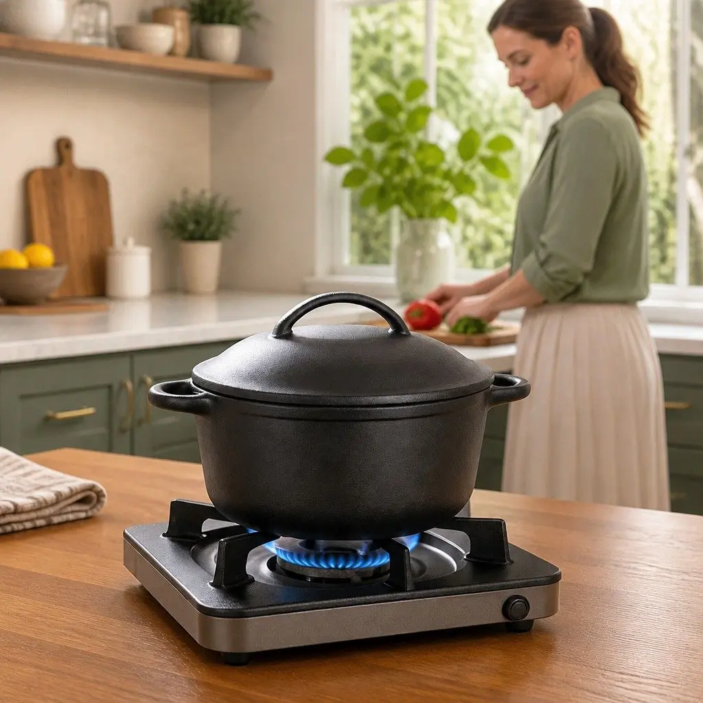 Cast Iron Dutch Oven Black 6.6L Heavy Duty Casserole Pot for Home and Camp Cooking