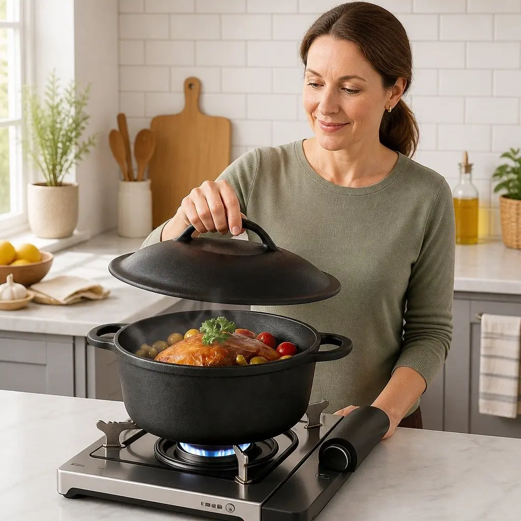 Cast Iron Dutch Oven Black 6.6L Heavy Duty Casserole Pot for Home and Camp Cooking