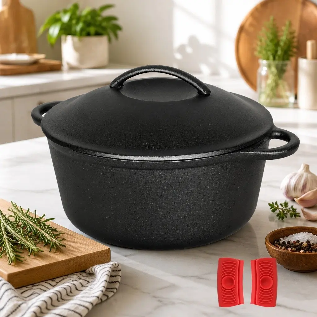 Cast Iron Dutch Oven Black 6.6L Heavy Duty Casserole Pot for Home and Camp Cooking