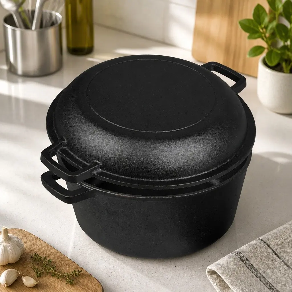 Cast Iron Double Dutch Oven Black 5.84L 2-in-1 Shallow Pan Deep Pot Cooking Set