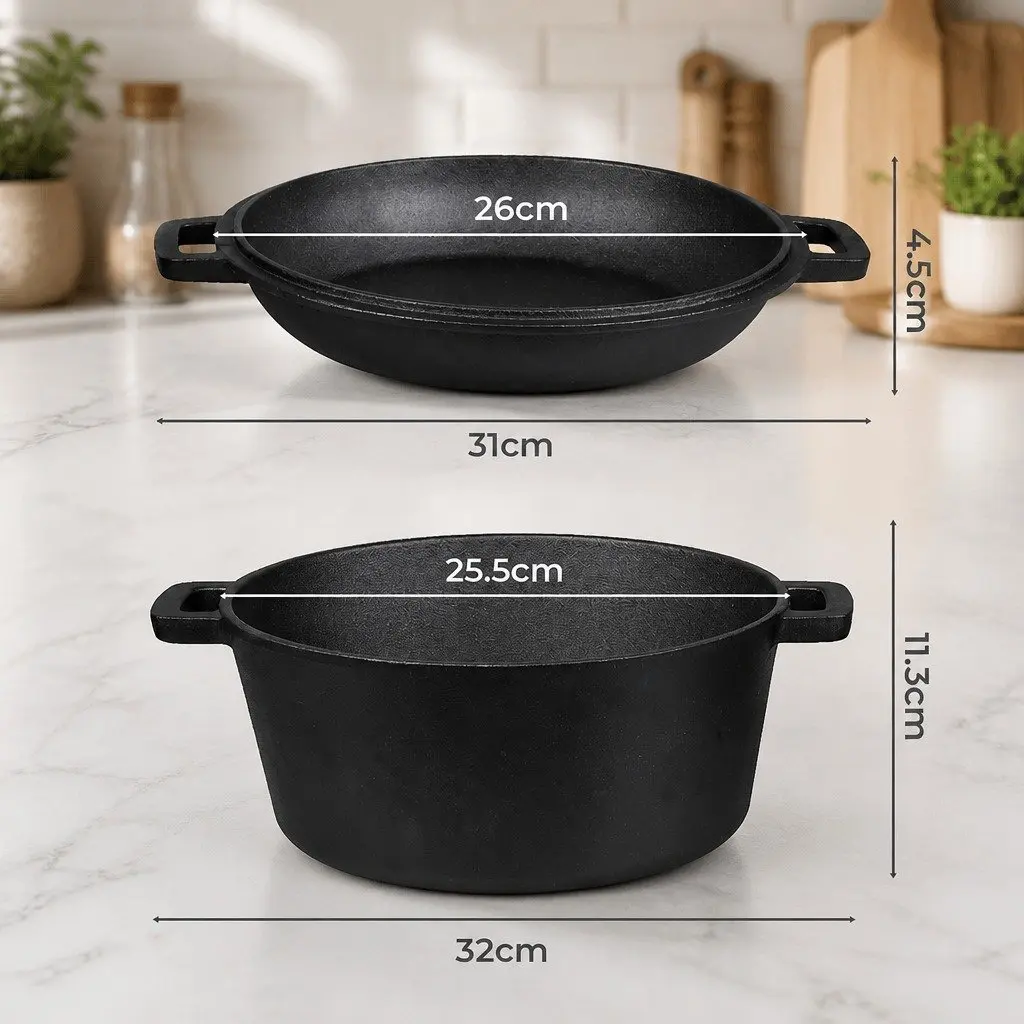 Cast Iron Double Dutch Oven Black 5.84L 2-in-1 Shallow Pan Deep Pot Cooking Set