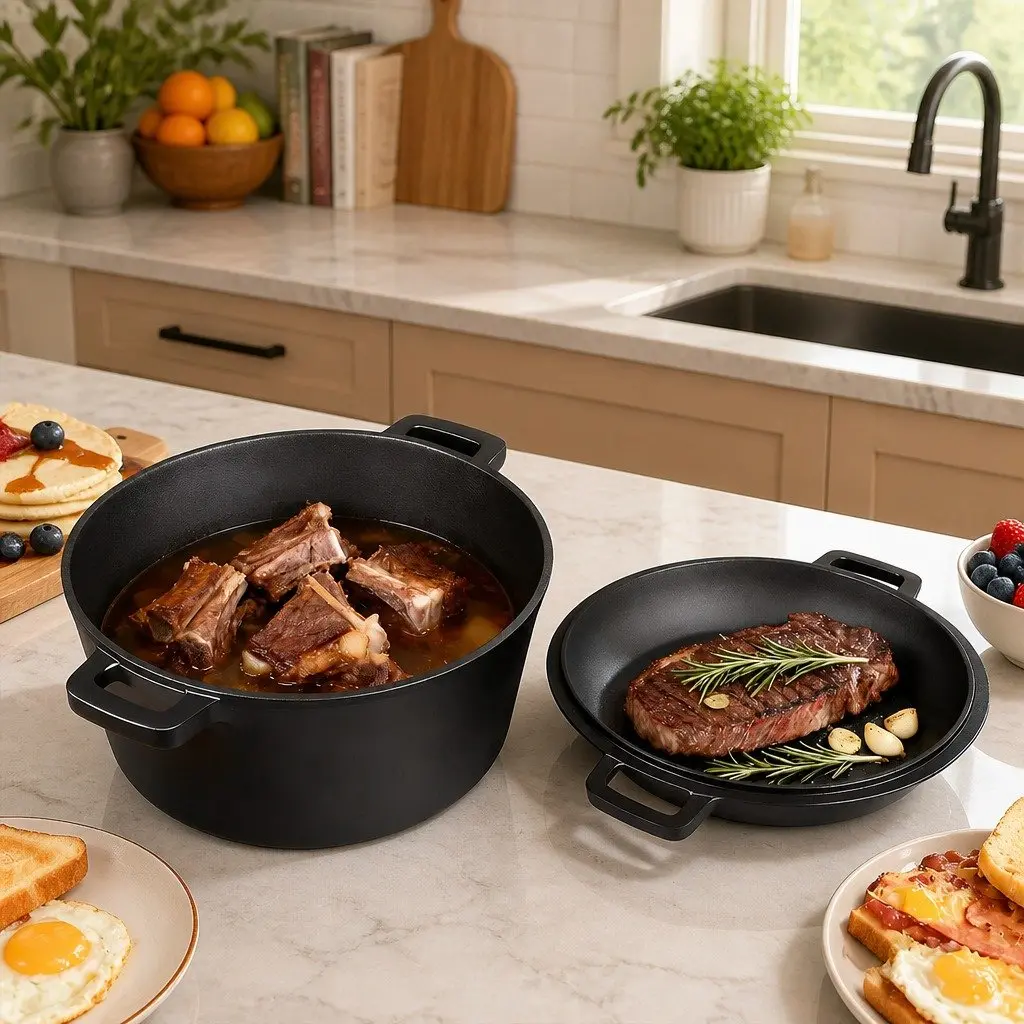 Cast Iron Double Dutch Oven Black 5.84L 2-in-1 Shallow Pan Deep Pot Cooking Set