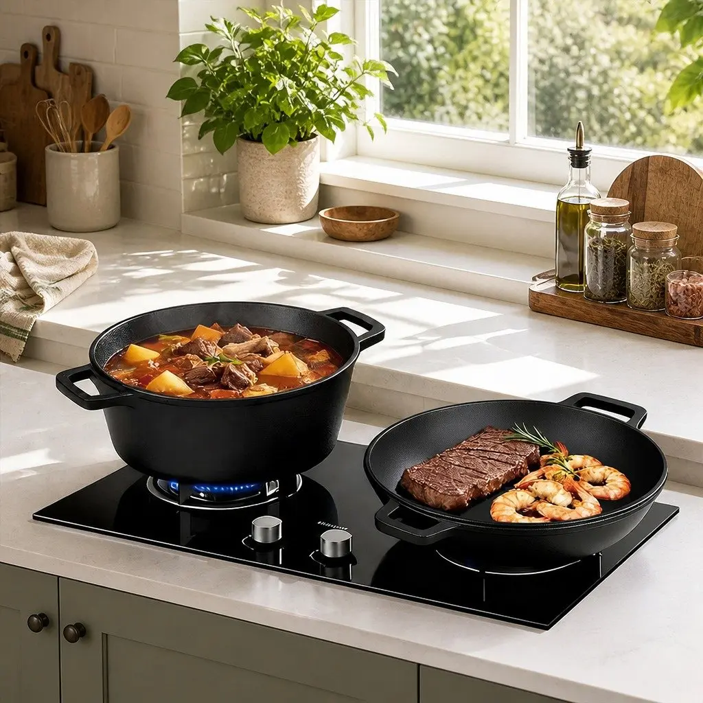 Cast Iron Double Dutch Oven Black 5.84L 2-in-1 Shallow Pan Deep Pot Cooking Set