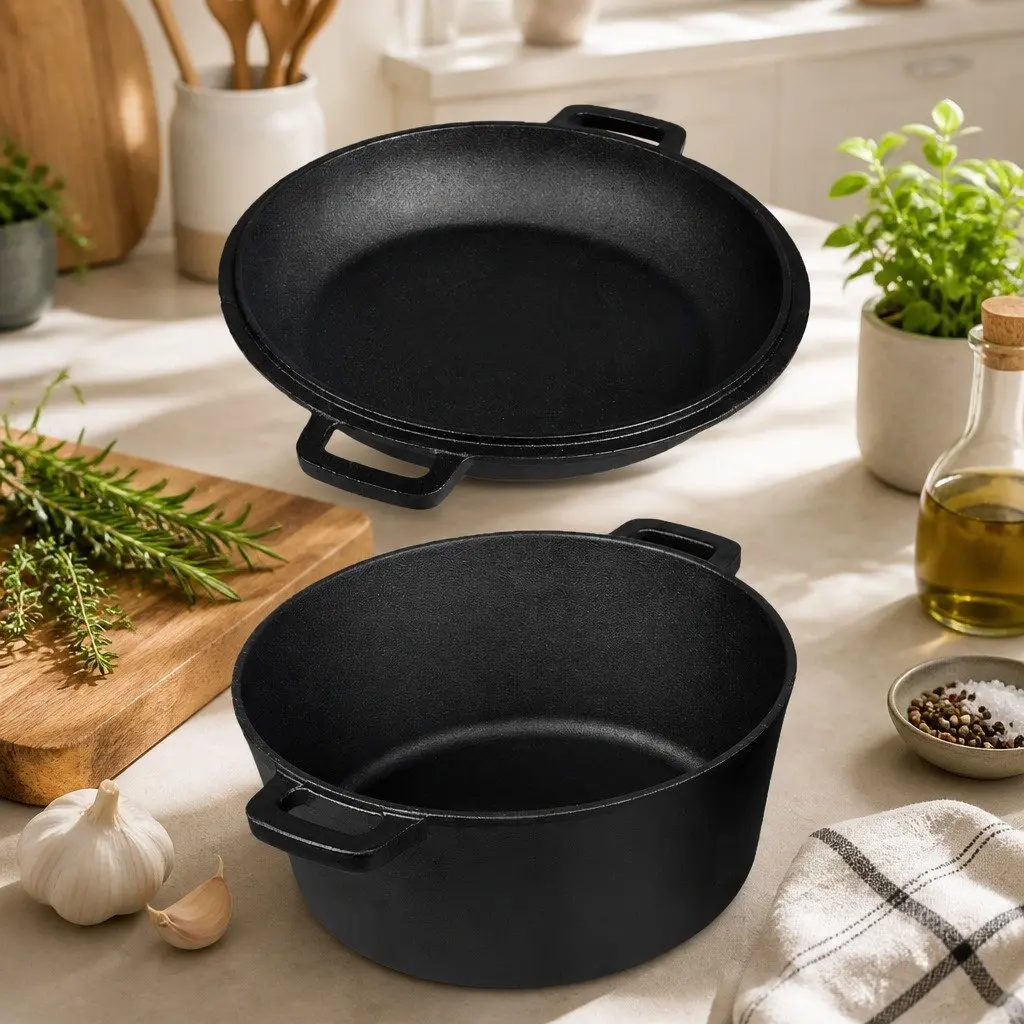 Cast Iron Double Dutch Oven Black 5.84L 2-in-1 Shallow Pan Deep Pot Cooking Set