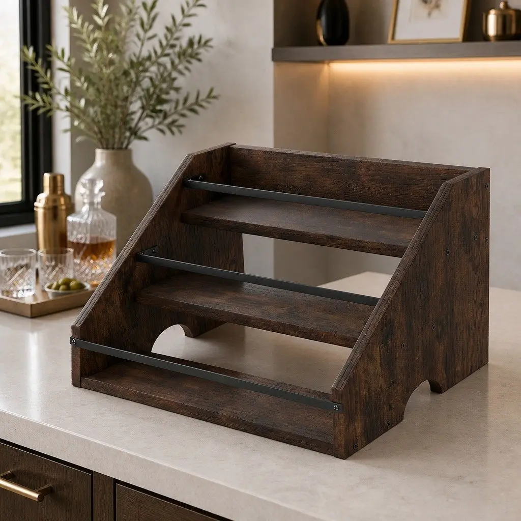 Countertop Wine Rack Brown and Black Three-Tier Vintage Storage Display Organiser