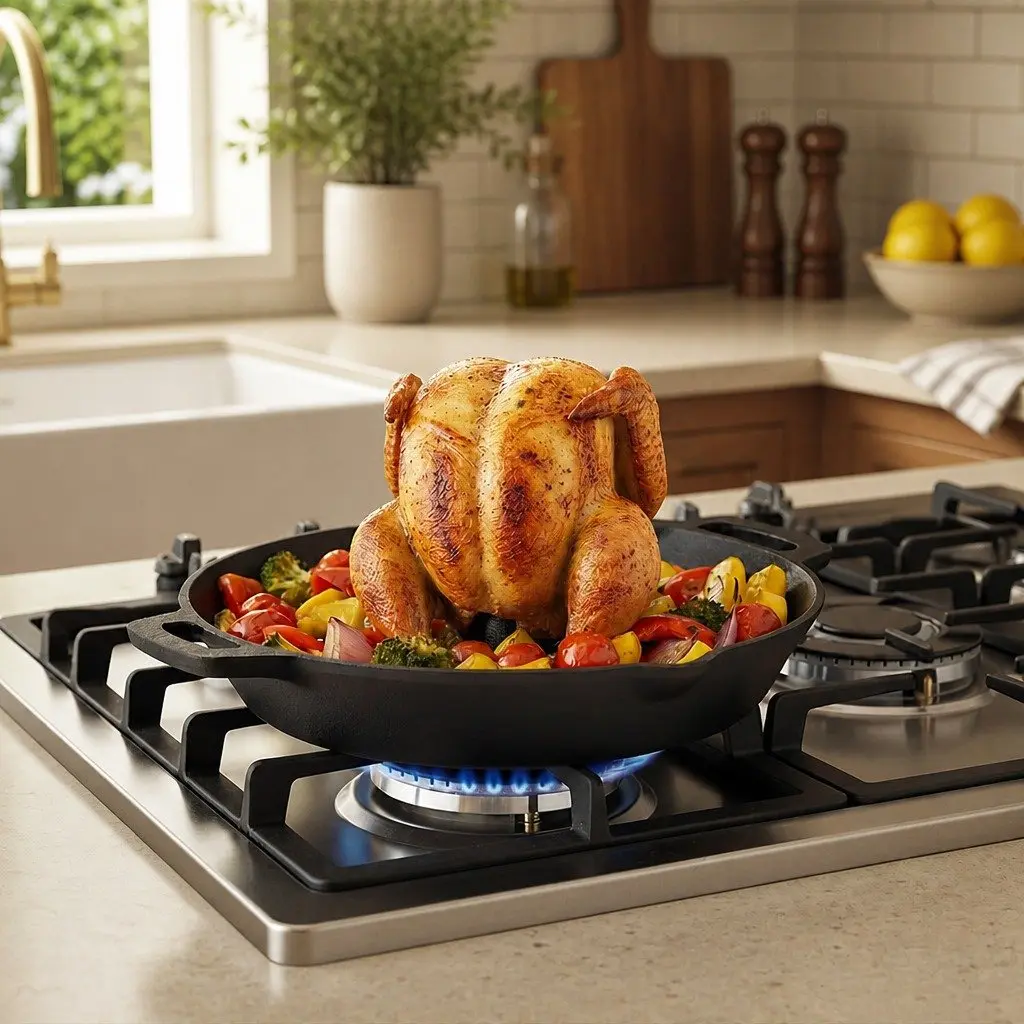 Cast Iron Roaster Stand Chicken Beer Can Holder Dutch Oven Pan Kitchen Outdoor