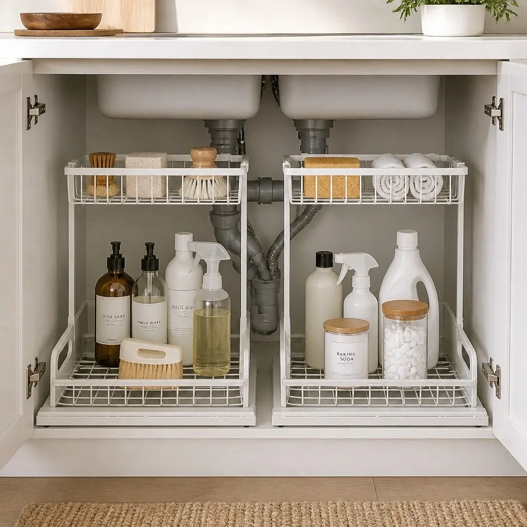 Under Sink Storage Rack White 2-Tier Sliding Cabinet Organiser