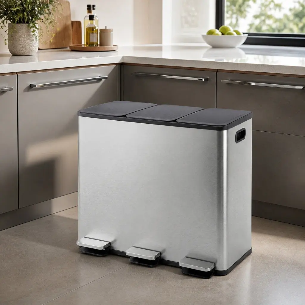 3 Compartment Rubbish Bin Metallic Silver 54L Hands-Free Soft Close Lid