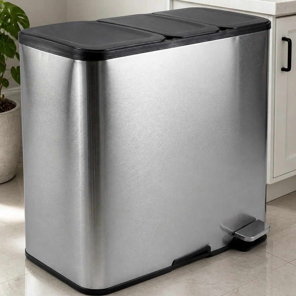 3 Compartment Rubbish Bin Metallic Silver 54L Hands-Free Soft Close Lid