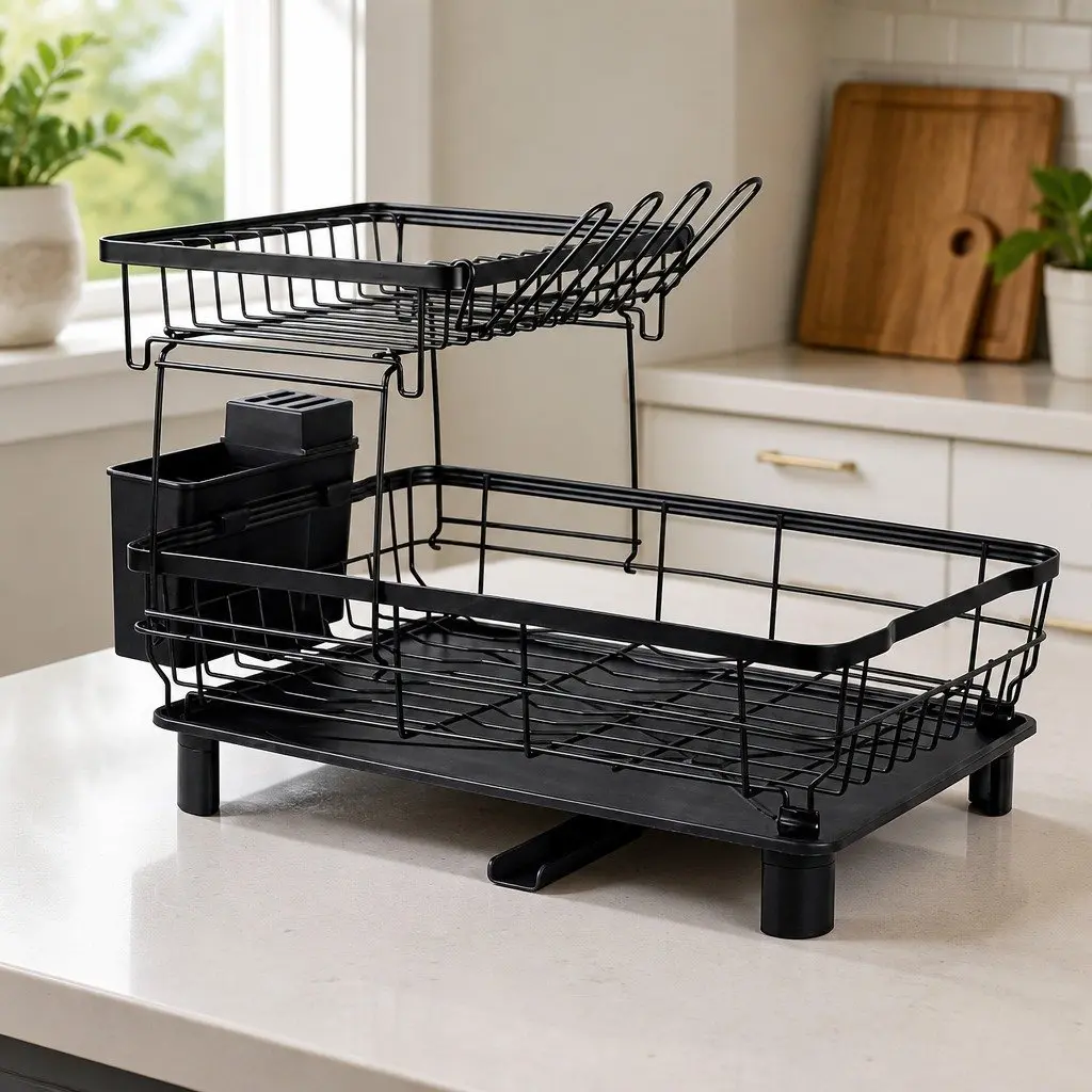2 Tier Dish Drying Rack Black Large Capacity with Removable Upper Rack and 360° Rotatable Drain Spout