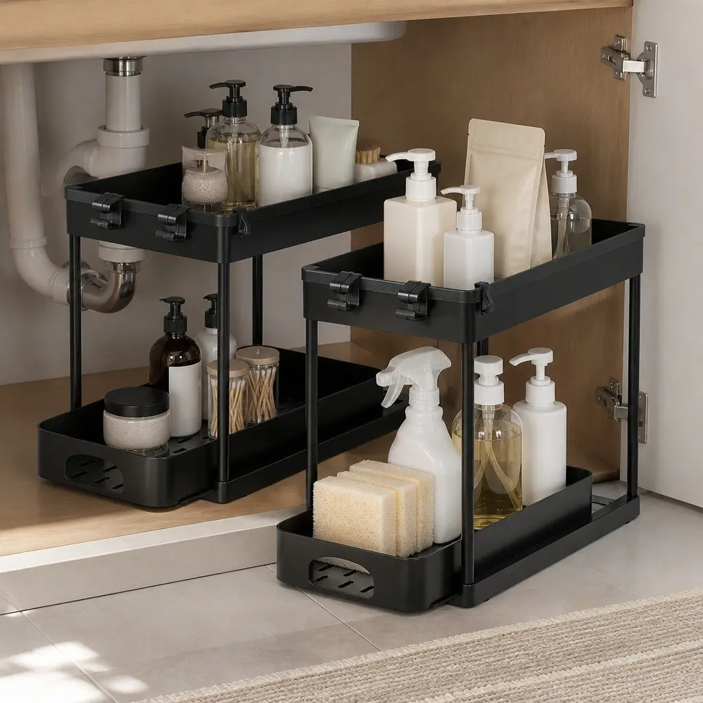 Under Sink Organizer Black 2 Tier Storage Rack Pull Out Drawer Drainage