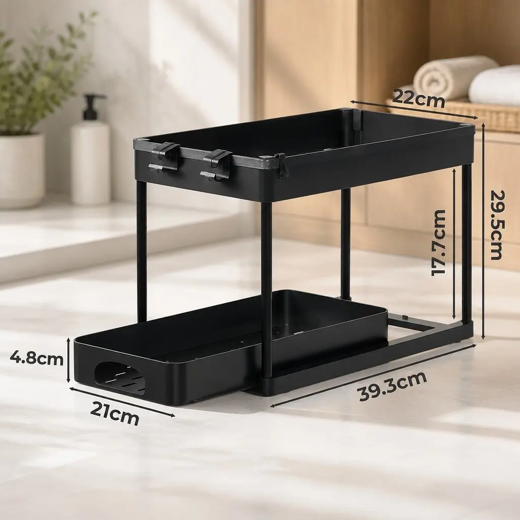 Under Sink Organizer Black 2 Tier Storage Rack Pull Out Drawer Drainage