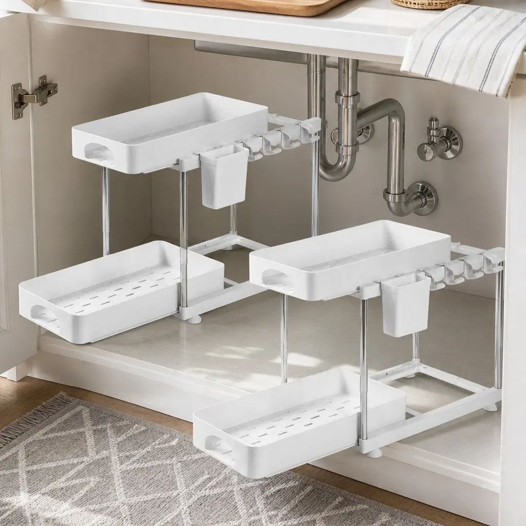 Under Sink Cabinet Organizer White 2 Tier Adjustable Storage Rack for Kitchen Bathroom