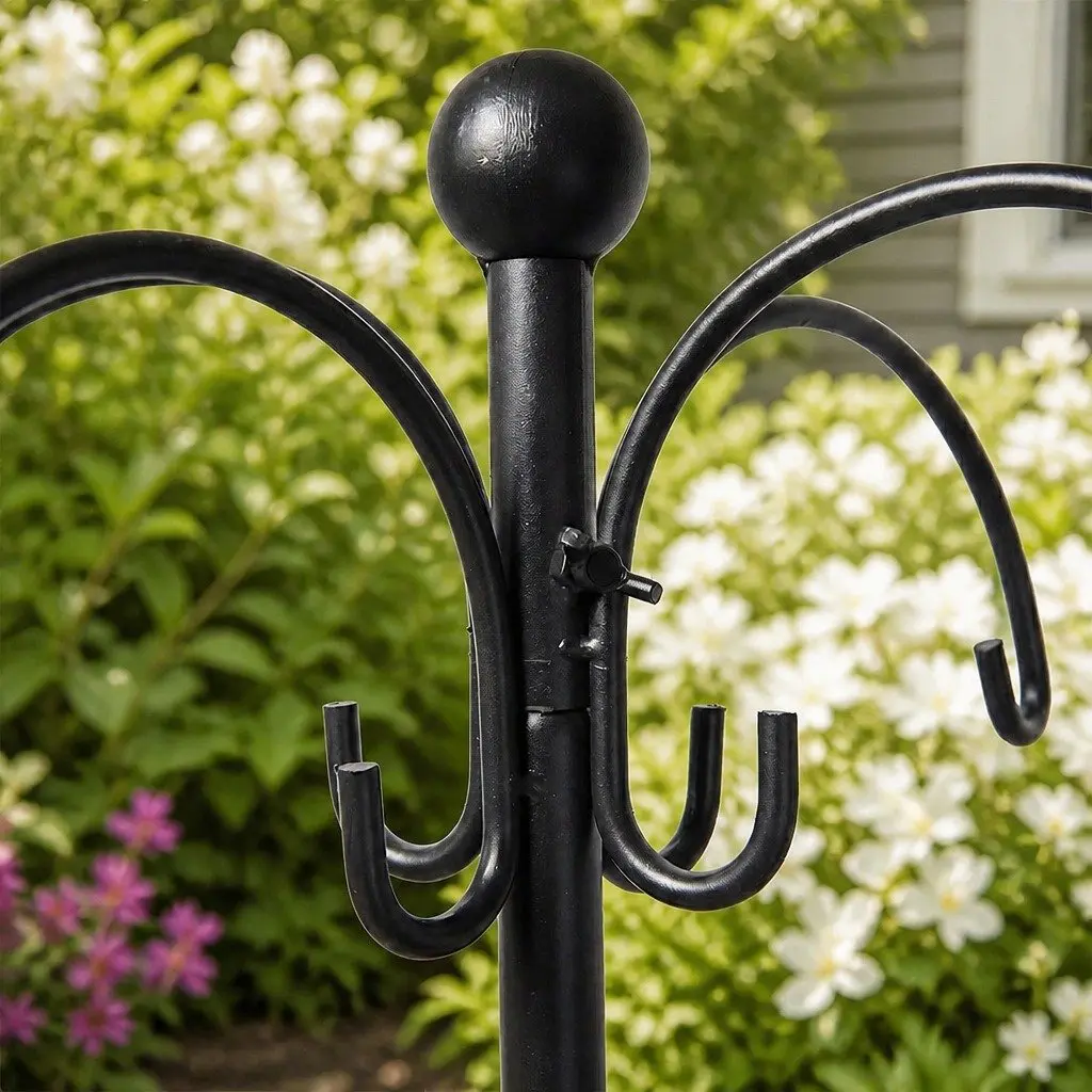 Hanging Bird Feeder Station Black 224cm Adjustable Height 8 Hooks 4 Feeders Outdoor Garden Pole