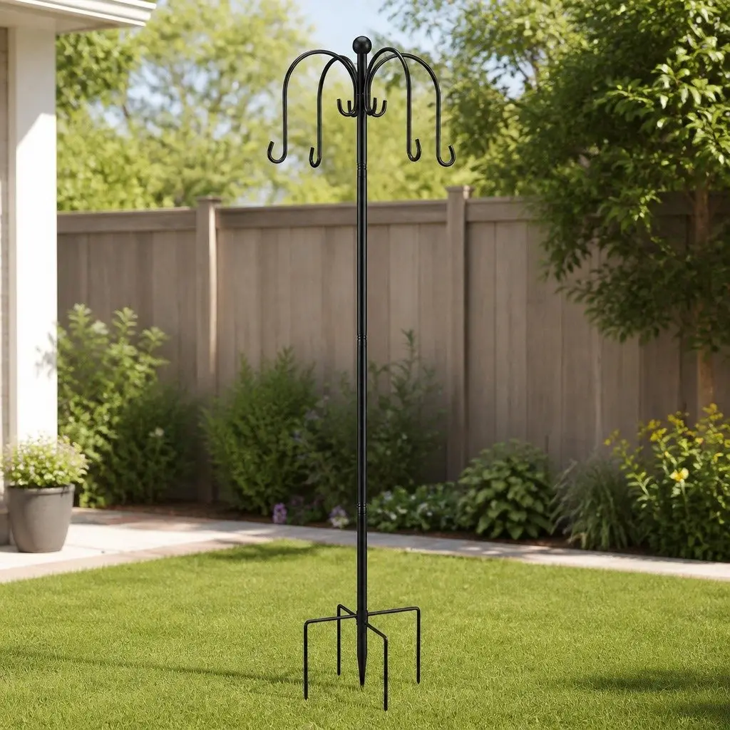 Bird Feeder Pole Station Black 224cm Adjustable Height 8 Hooks Outdoor Garden Stand