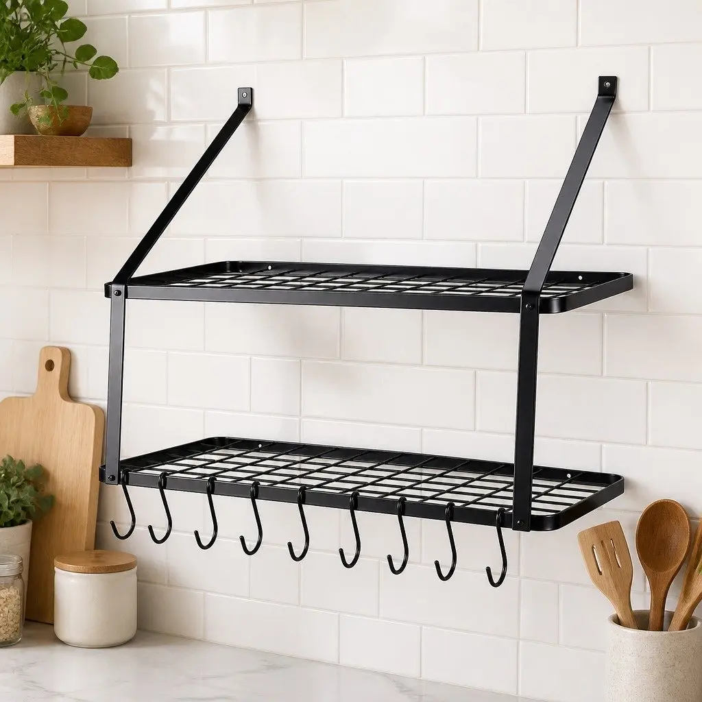 Wall Mounted Pot Pan Rack with Shelf and Hooks