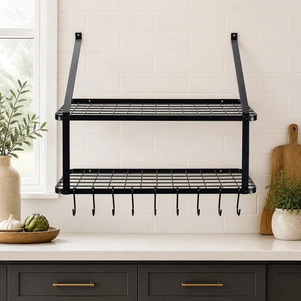 Wall Mounted Pot Pan Rack with Shelf and Hooks