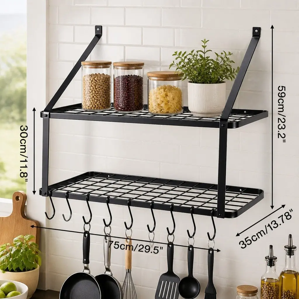Wall Mounted Pot Pan Rack with Shelf and Hooks