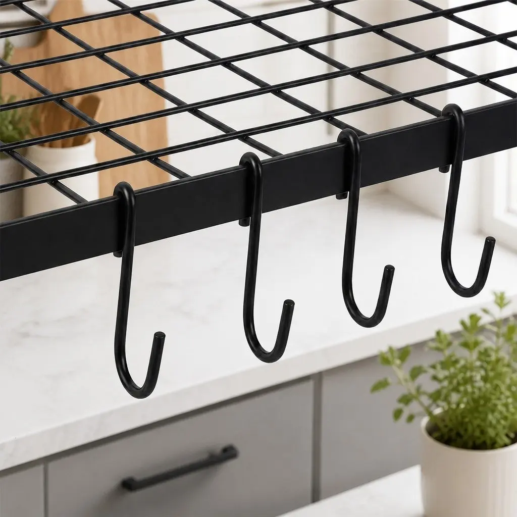 Wall Mounted Pot Pan Rack with Shelf and Hooks