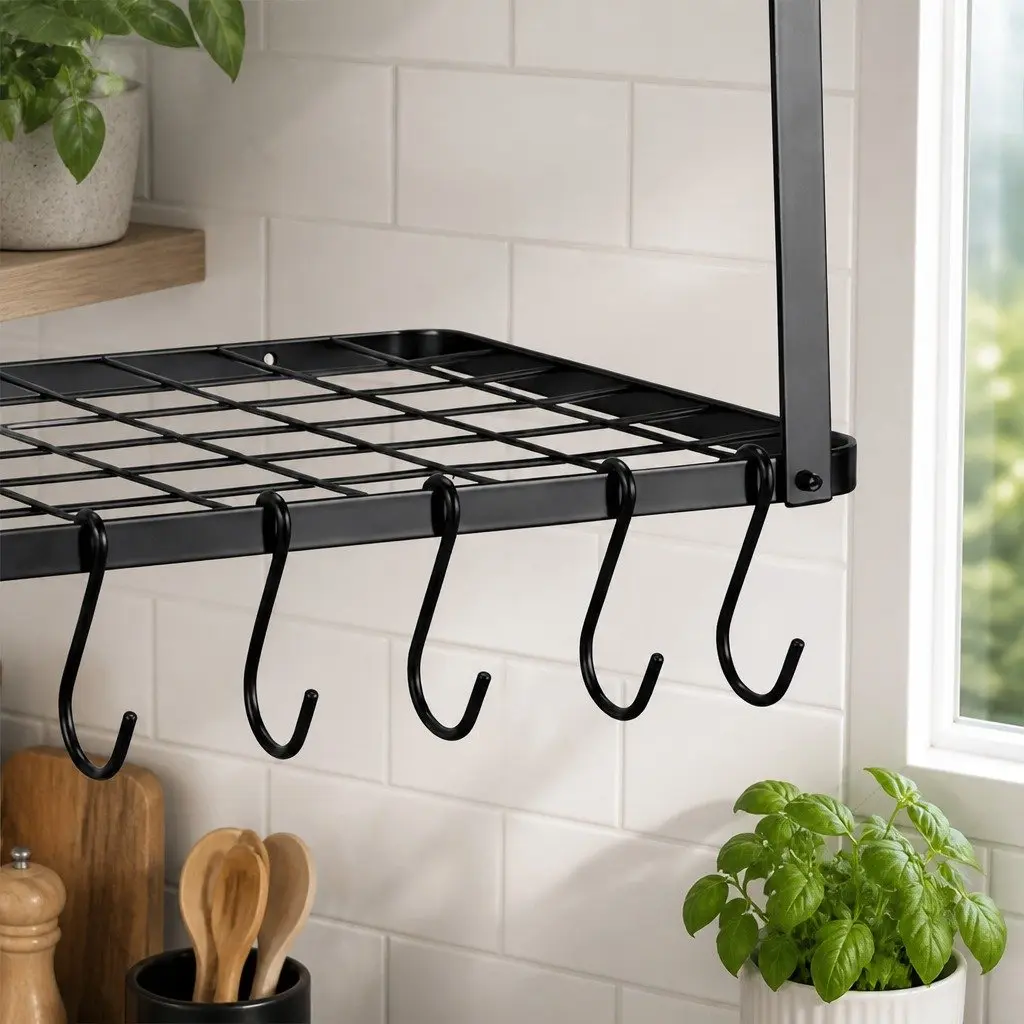 Wall Mounted Pot Pan Rack with Shelf and Hooks