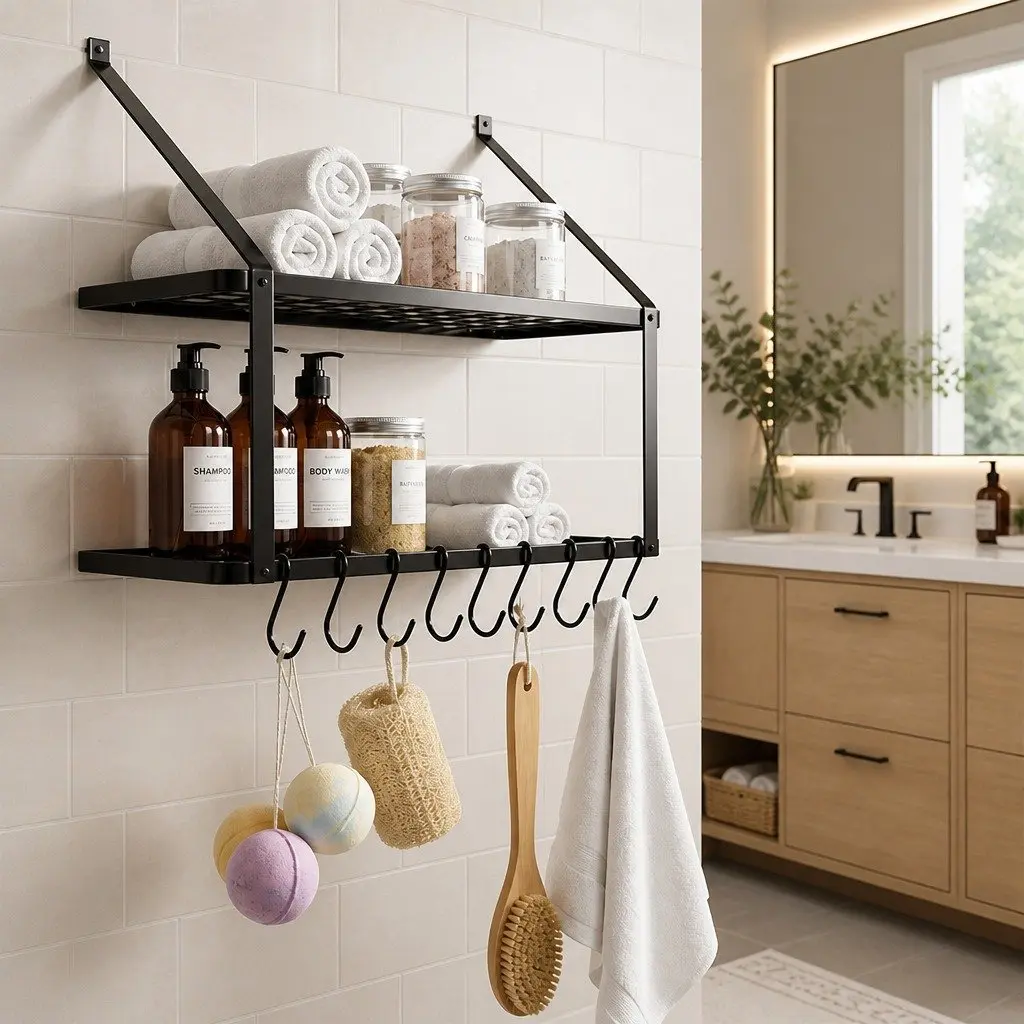 Wall Mounted Pot Pan Rack with Shelf and Hooks