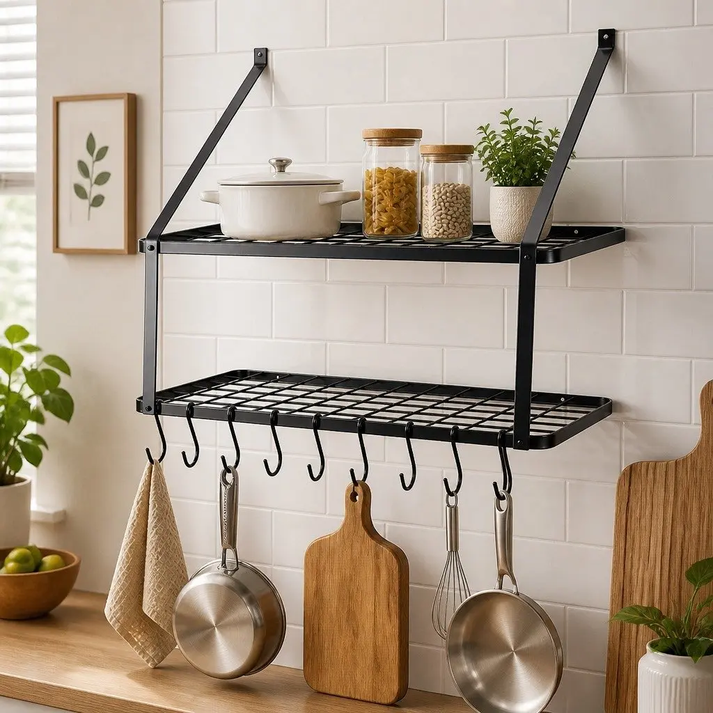 Wall Mounted Pot Pan Rack with Shelf and Hooks