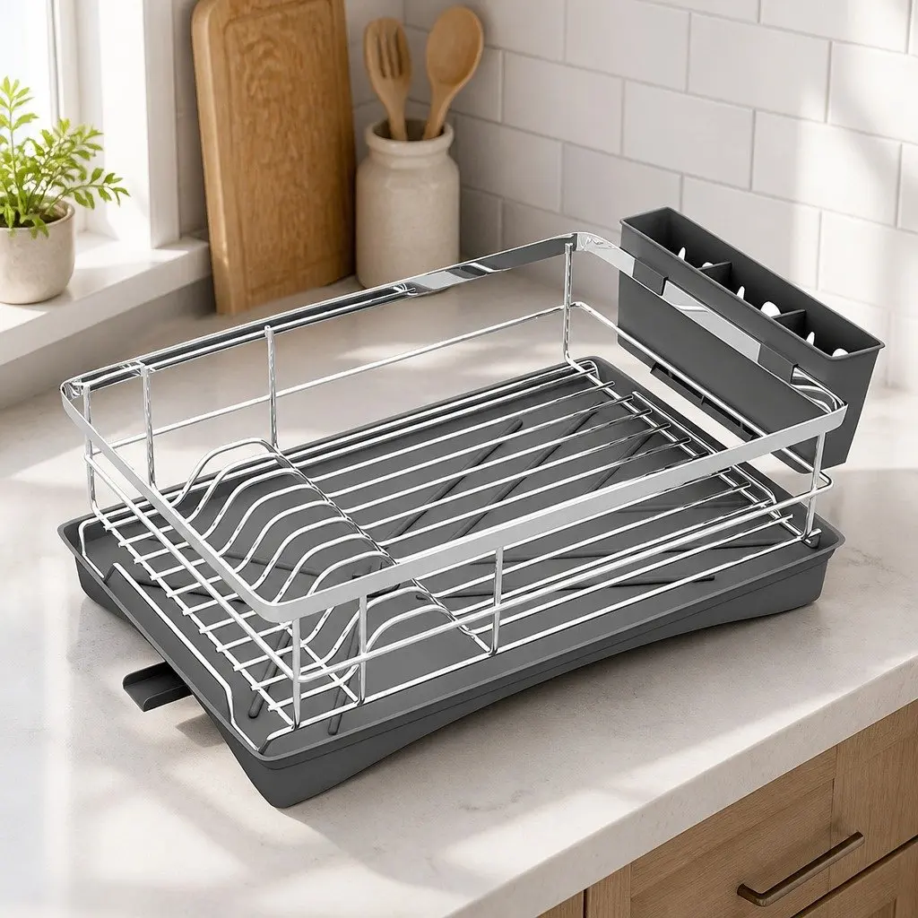 Dish Drying Rack Silver Stainless Steel Single Tier with Cutlery Holder and Integrated Drainboard