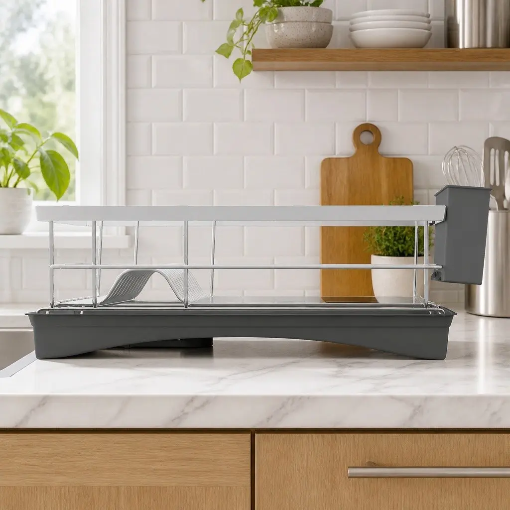 Dish Drying Rack Silver Stainless Steel Single Tier with Cutlery Holder and Integrated Drainboard