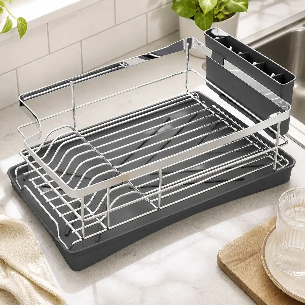 Dish Drying Rack Silver Stainless Steel Single Tier with Cutlery Holder and Integrated Drainboard
