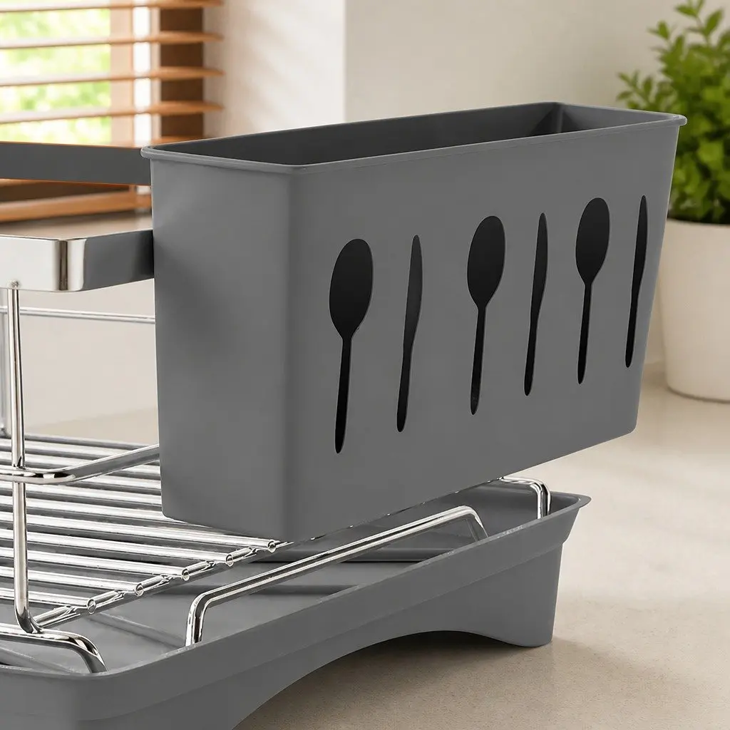 Dish Drying Rack Silver Stainless Steel Single Tier with Cutlery Holder and Integrated Drainboard