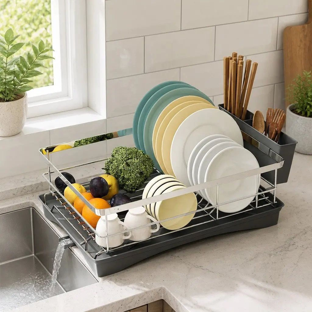 Dish Drying Rack Silver Stainless Steel Single Tier with Cutlery Holder and Integrated Drainboard