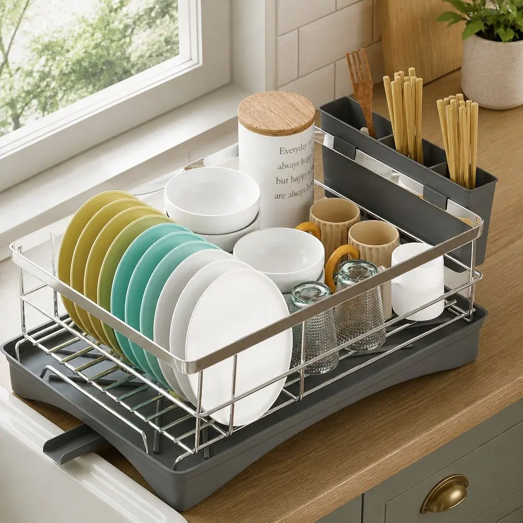 Dish Drying Rack Silver Stainless Steel Single Tier with Cutlery Holder and Integrated Drainboard