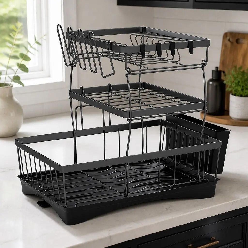 3 Tier Dish Drying Rack Black Stainless Steel Cutlery Holder Cup Organizer Integrated Drainboard