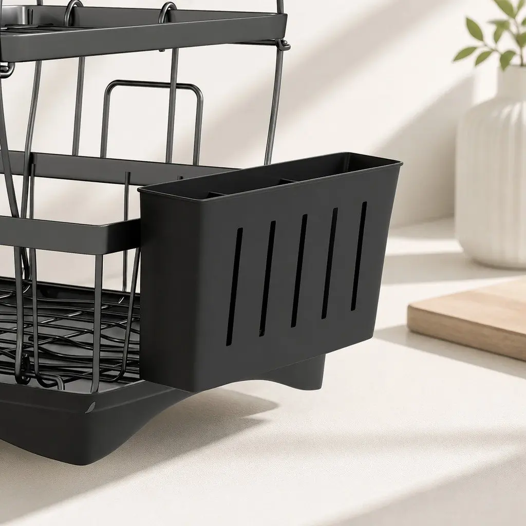 3 Tier Dish Drying Rack Black Stainless Steel Cutlery Holder Cup Organizer Integrated Drainboard