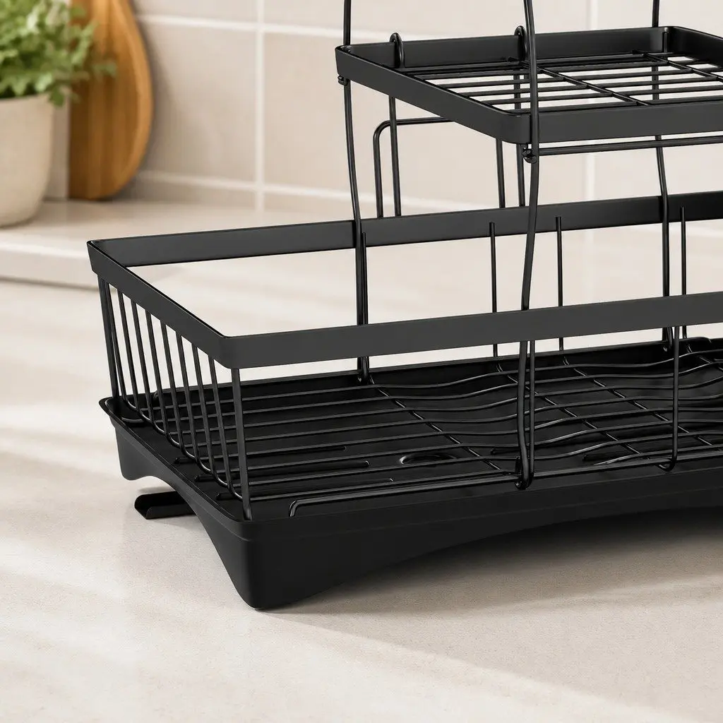 3 Tier Dish Drying Rack Black Stainless Steel Cutlery Holder Cup Organizer Integrated Drainboard