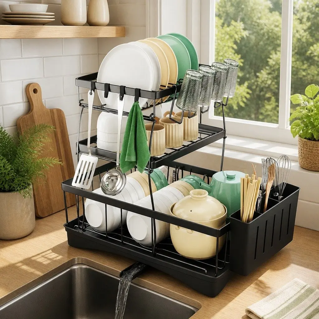3 Tier Dish Drying Rack Black Stainless Steel Cutlery Holder Cup Organizer Integrated Drainboard