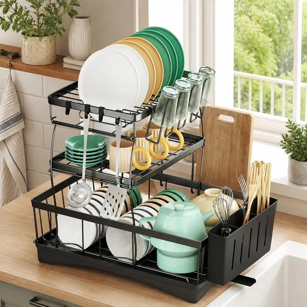 3 Tier Dish Drying Rack Black Stainless Steel Cutlery Holder Cup Organizer Integrated Drainboard