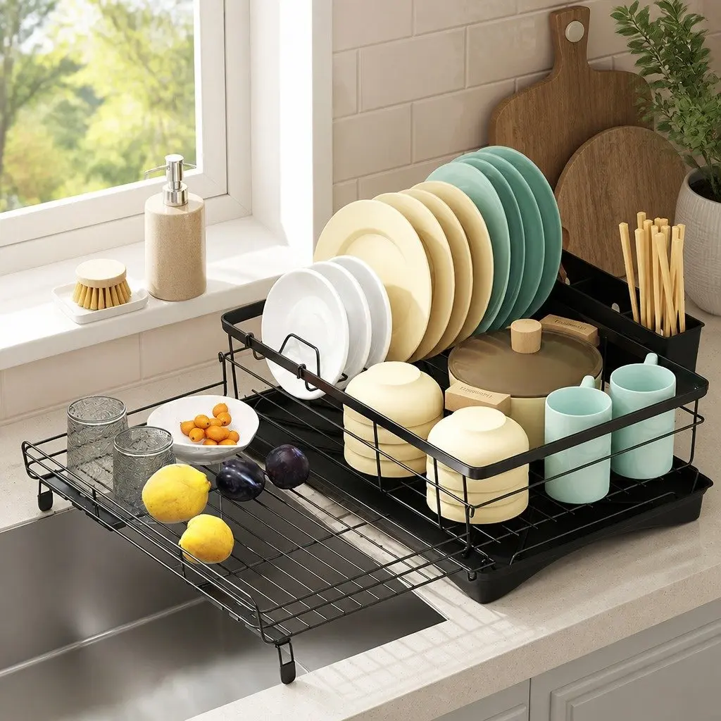 Expandable Dish Drying Rack Drain Bowl Holder Kitchen Countertop Space Saving