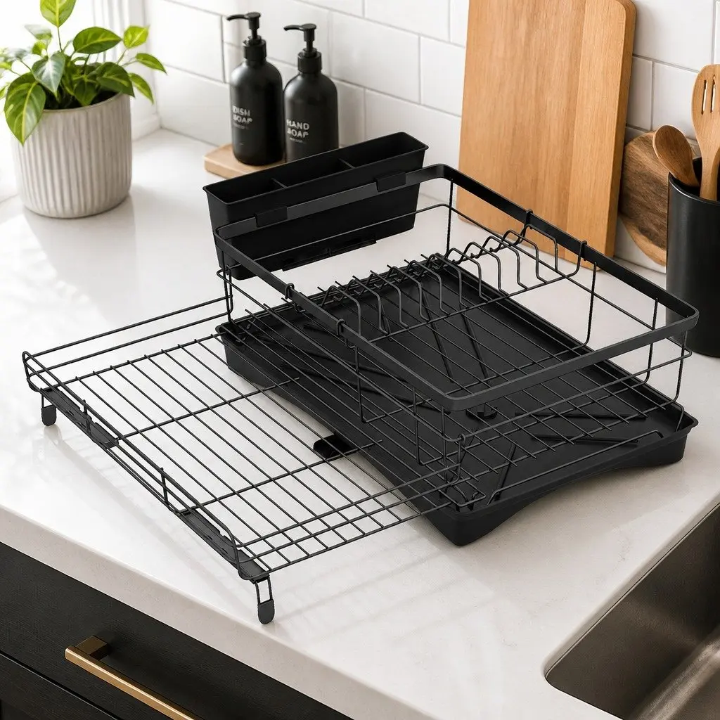 Expandable Dish Drying Rack Drain Bowl Holder Kitchen Countertop Space Saving