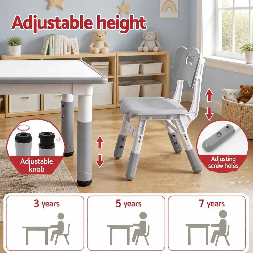 Kids Table and Chairs Set Grey Height Adjustable Draw-on Tabletop