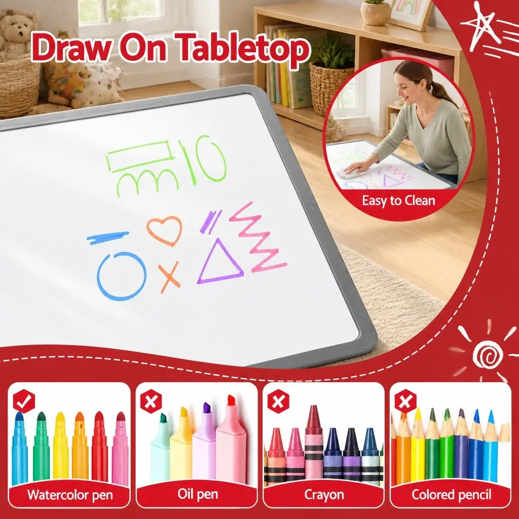 Kids Table and Chairs Set Grey Height Adjustable Draw-on Tabletop