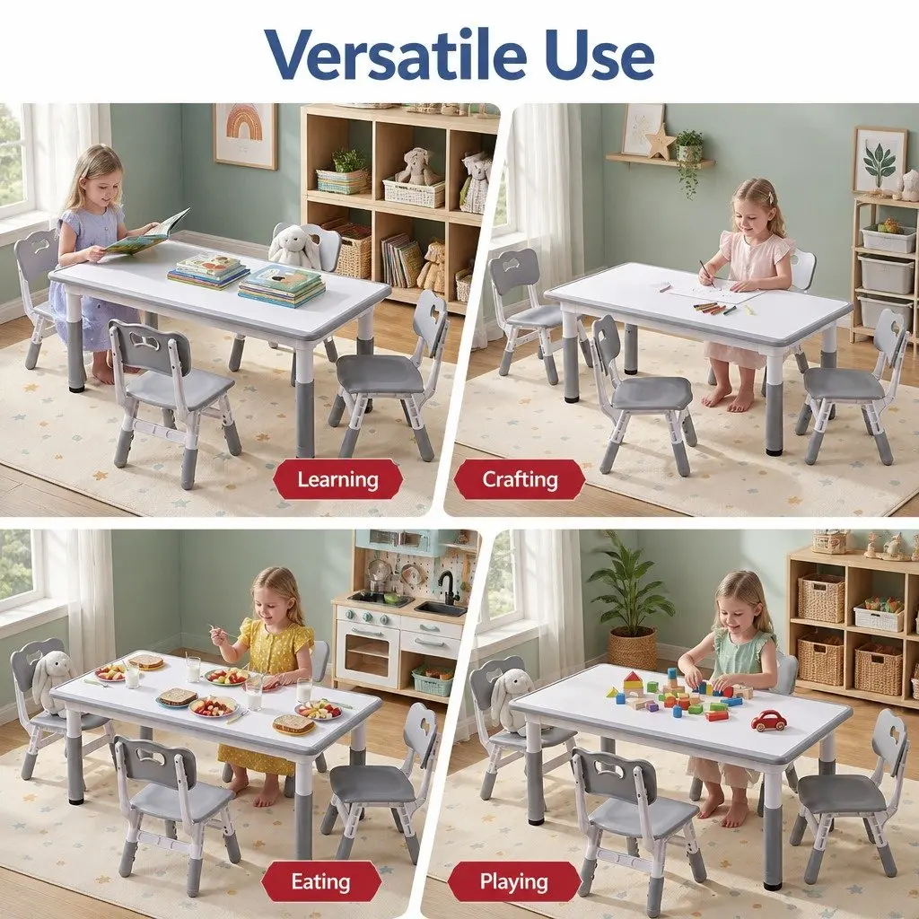 Kids Table and Chairs Set Grey Height Adjustable Draw-on Tabletop