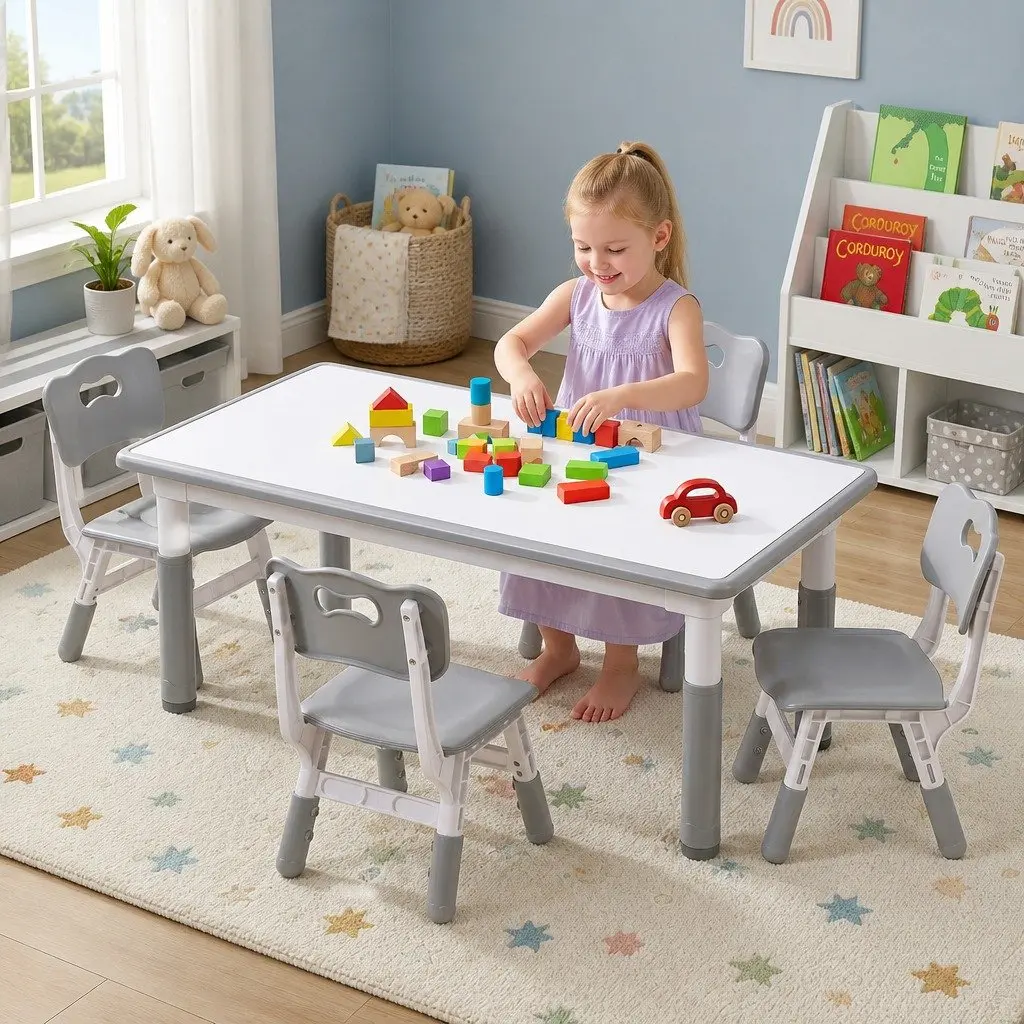Kids Table and Chairs Set Grey Height Adjustable Draw-on Tabletop