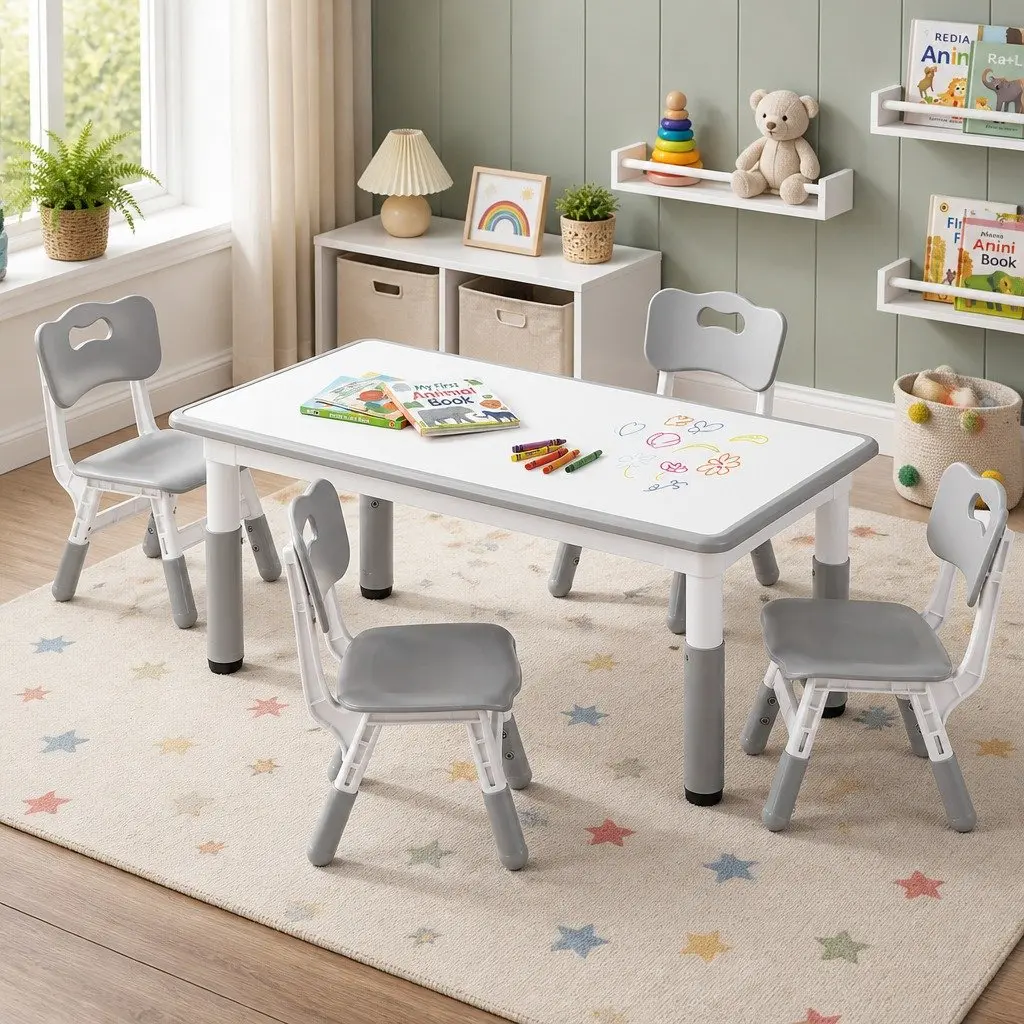 Kids Table and Chairs Set Grey Height Adjustable Draw-on Tabletop