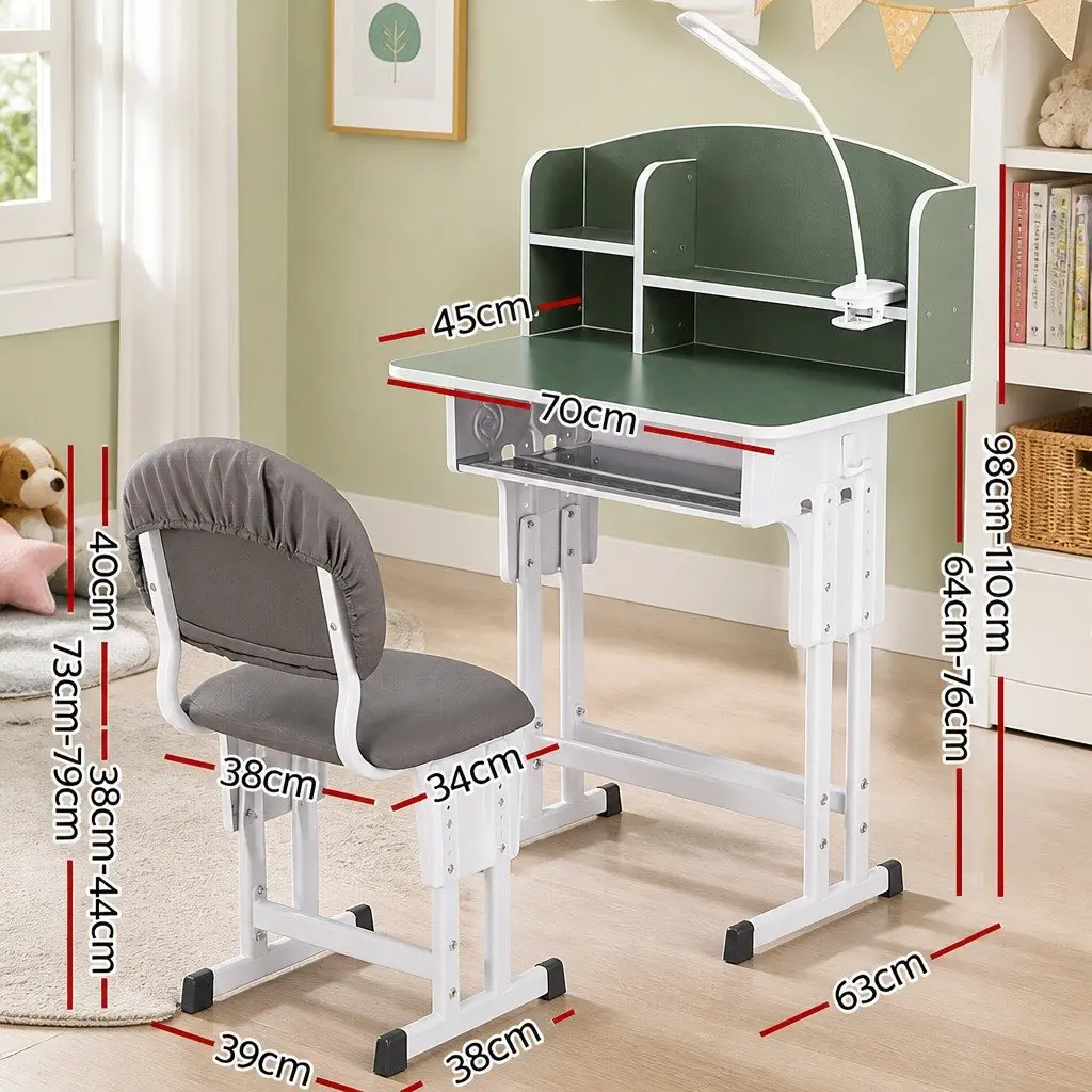 Kids Study Desk Chair Set Green Height Adjustable Ergonomic with LED Lamp