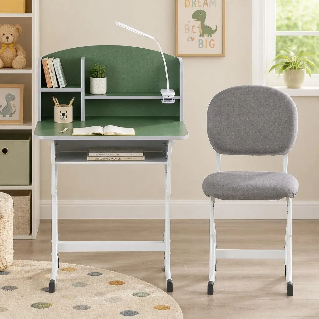 Kids Study Desk Chair Set Green Height Adjustable Ergonomic with LED Lamp