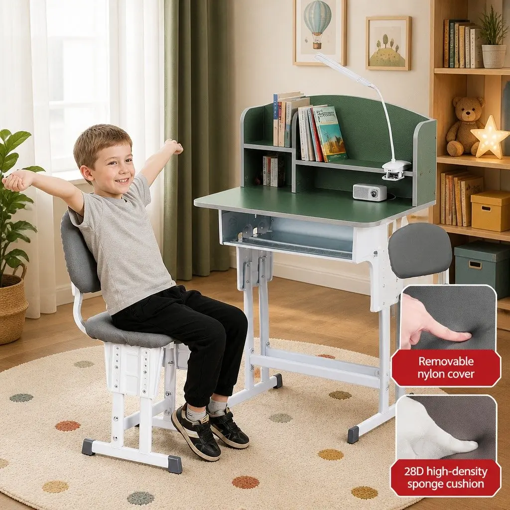 Kids Study Desk Chair Set Green Height Adjustable Ergonomic with LED Lamp