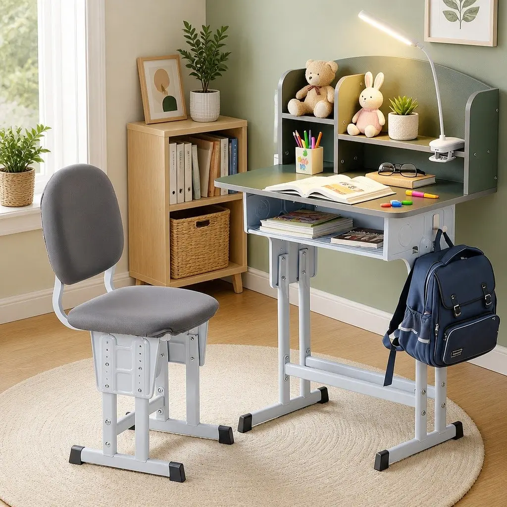 Kids Study Desk Chair Set Green Height Adjustable Ergonomic with LED Lamp