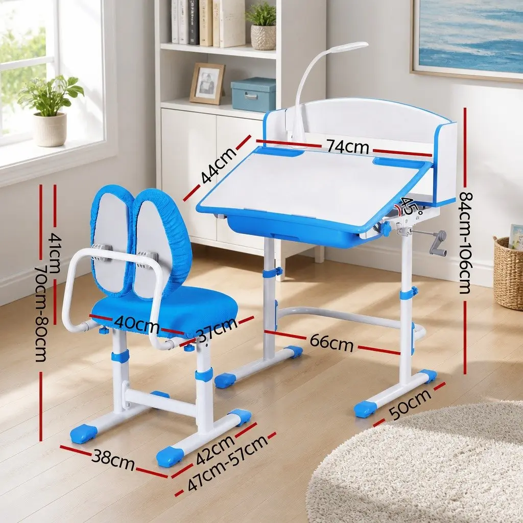 Kids Study Desk Chair Set Blue Height Adjustable Ergonomic with LED Lamp