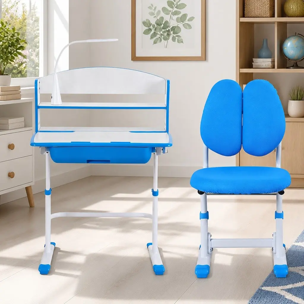 Kids Study Desk Chair Set Blue Height Adjustable Ergonomic with LED Lamp